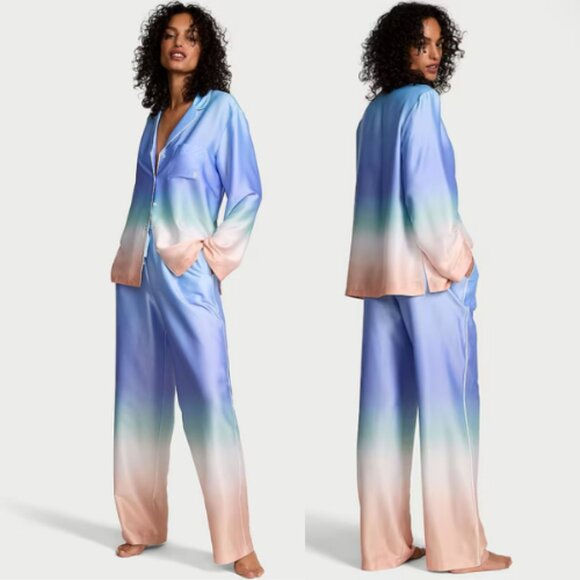 New! Victorias Secret Shell Blue Ombre Satin Long Pajama Set XL 37860 - Picture 2 of 15